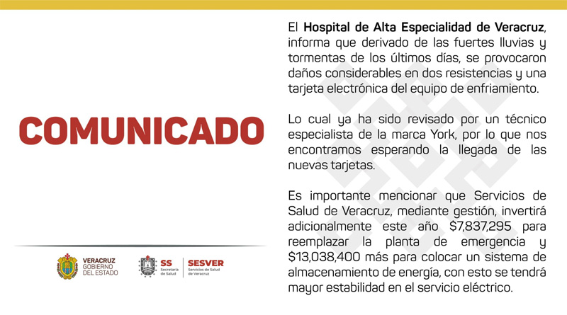 El Hospital de Alta Especialidad de Veracruz, informa.